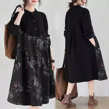 Женские платья весна-осень, тонкий срез повседневного литературного хлопка и льна с принтом, с длинными рукавами и средней длиной 2XL