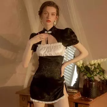 Женские платья Женское нижнее белье Женские пижамы Искушение Униформа Ципао С нижним бельем Приталенный атлас