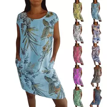 Женские платья, женское платье из хлопка и льна с круглым вырезом с принтом, летнее повседневное платье с короткими рукавами и карманами XL