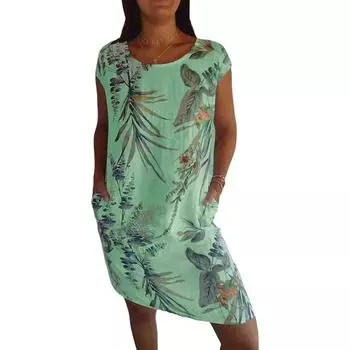 Женские платья, женское платье из хлопка и льна с круглым вырезом с принтом, летнее повседневное платье с короткими рукавами и карманами XL