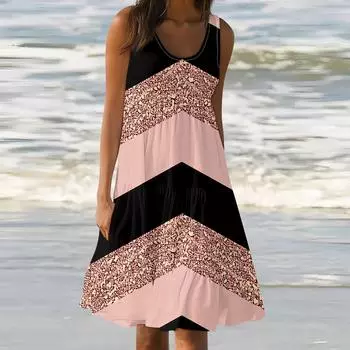 Женские платья-жилеты Лето-весна Плиссированные богемные платья Симпатичные струящиеся пляжные платья без рукавов Прямая футболка Платья-майки Платья с круглым вырезом XXXL розовый