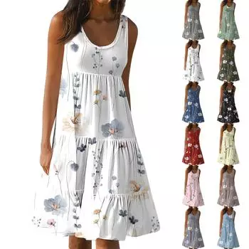 Женские платья-жилеты Лето-весна Плиссированные богемные платья Симпатичные струящиеся пляжные платья без рукавов Прямая футболка Платья-майки Платья с круглым вырезом L