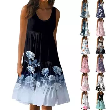 Женские платья-жилеты Лето-весна Плиссированные богемные платья Симпатичные струящиеся пляжные платья без рукавов Прямая футболка Платья-майки Платья с круглым вырезом L чёрный