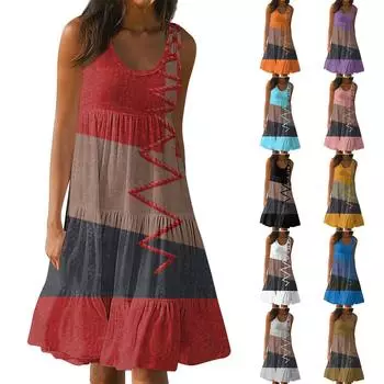 Женские платья-жилеты Лето-весна Плиссированные богемные платья Симпатичные струящиеся пляжные платья без рукавов Прямая футболка Платья-майки Платья с круглым вырезом L чёрный