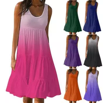 Женские платья-жилеты Лето-весна Плиссированные богемные платья Симпатичные струящиеся пляжные платья без рукавов Прямая футболка Платья-майки Платья с круглым вырезом L