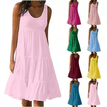 Женские платья-жилеты Лето-весна Плиссированные богемные платья Симпатичные струящиеся пляжные платья без рукавов Прямая футболка Платья-майки Платья с круглым вырезом L синий