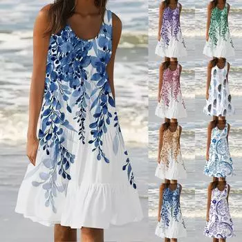 Женские платья-жилеты Лето-весна Плиссированные богемные платья Симпатичные струящиеся пляжные платья без рукавов Прямая футболка Платья-майки Платья с круглым вырезом XXXL розовый