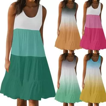 Женские платья-жилеты Лето-весна Плиссированные богемные платья Симпатичные струящиеся пляжные платья без рукавов Прямая футболка Платья-майки Платья с круглым вырезом L