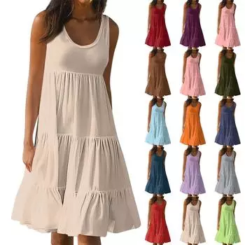 Женские платья-жилеты Лето-весна Плиссированные богемные платья Симпатичные струящиеся пляжные платья без рукавов Прямая футболка Платья-майки Платья с круглым вырезом L