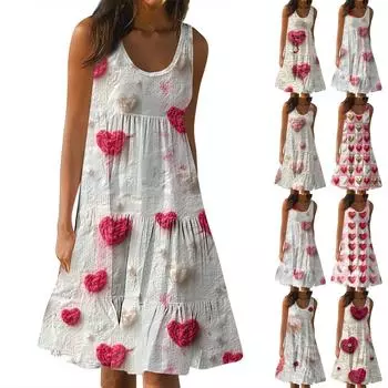 Женские платья-жилеты Лето-весна Плиссированные богемные платья Симпатичные струящиеся пляжные платья без рукавов Прямая футболка Платья-майки Платья с круглым вырезом S