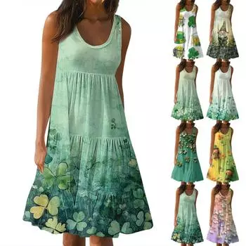 Женские платья-жилеты Лето-весна Плиссированные богемные платья Симпатичные струящиеся пляжные платья без рукавов Прямая футболка Платья-майки Платья с круглым вырезом XXL