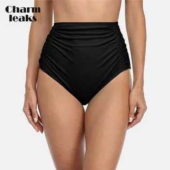 Женские плавки бикини с высокой талией, быстросохнущие плавки для купальника, эластичный низ танкини, сплошной цвет S чёрный