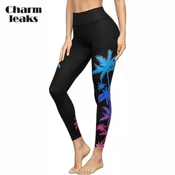 Женские плавки Charmleaks, брюки для плавания с высокой талией, леггинсы для плавания, колготки для плавания с разноцветным принтом листьев S чёрный