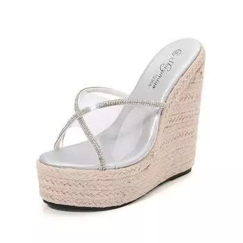 Женские плетеные босоножки на танкетке 15 см, прозрачная верхняя часть, модный черный, серебристый цвет, с рыбьим носком, LFD-10368-124 34 чёрный