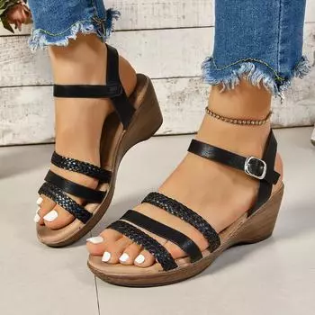 Женские плетеные босоножки на танкетке, летние, удобные, нескользящие, пляжные сандалии, женские, повседневные, с ремешком на щиколотке, сандалии на платформе, женские 36 синий