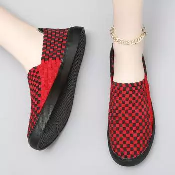 Женские плетеные кроссовки женские прогулочные туфли повседневные вулканизированные женские модные трикотажные плоские женские туфли без застежек удобные женские большие размеры 4.5