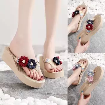 Женские плетеные пляжные дышащие сандалии, домашние тапочки, шлепанцы с цветком, обувь на танкетке 36 синий