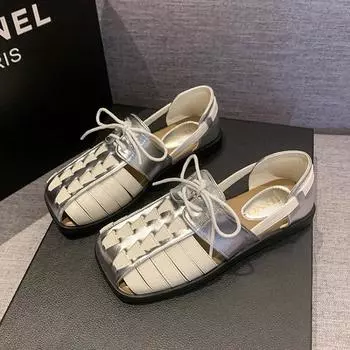 Женские плетеные полые римские сандалии 2024 года, новые ретро-сандалии с квадратным ремешком на голову, повседневные универсальные женские сандалии на плоской подошве, Zapatos Mujer 35 чёрный