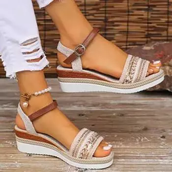 Женские плетеные повседневные сандалии с пряжкой на ремешке на платформе и танкетке, женские летние легкие нескользящие сандалии для ходьбы Mujer 43
