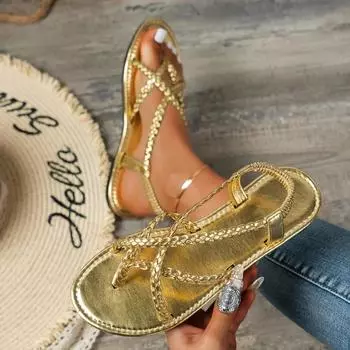 Женские плетеные сандалии на плоской подошве, повседневная летняя обувь с застежкой-клипсой, легкие сандалии с эластичной резинкой, золотисто-серебристая обувь 36 чёрный
