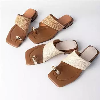 Женские плетеные сандалии на плоской подошве с застежкой-клипсой, летние короткие, из кожи, удобные, с квадратным ремешком, повседневные туфли-мюли 35