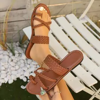 Женские плетеные сандалии на плоской подошве с открытым носком, нескользящие римские пляжные туфли, удобные модные повседневные сандалии на лето 36 коричневый