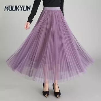 Женские плиссированные длинные юбки, летняя свободная сетчатая элегантная танцевальная юбка One Size чёрный