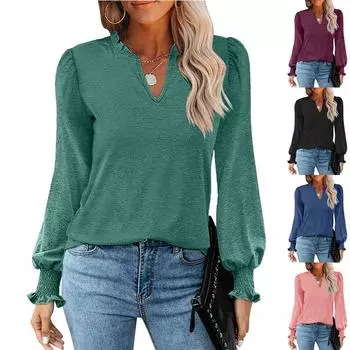 Женские плиссированные футболки с v-образным вырезом, модные однотонные повседневные топы с длинными рукавами S зелёный