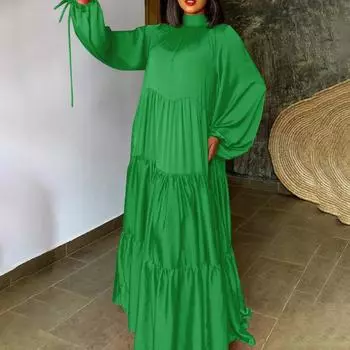 Женские плиссированные однотонные свободные платья с воротником-стойкой и длинными рукавами больших размеров L зелёный