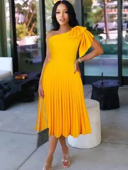 Женские плиссированные платья миди на одно плечо с оборками и высокой талией, элегантные летние шикарные африканские платья трапециевидной формы для мероприятия, вечеринки, дня рождения S жёлтый