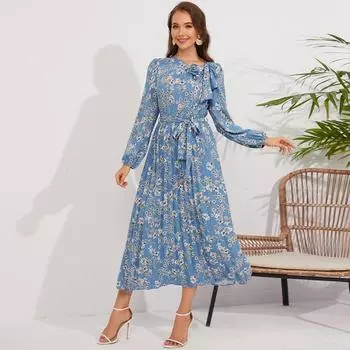 Женские плиссированные платья миди с длинным рукавом и винтажным бантом с цветочным принтом S жёлтый