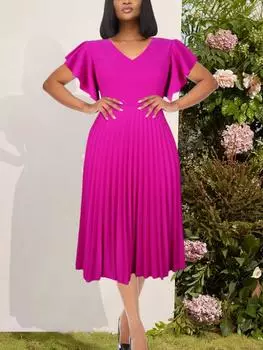 Женские плиссированные платья-миди с короткими рукавами и оборками с V-образным вырезом, элегантное трапециевидное платье весна-лето, шикарное модное платье, наряды для вечеринки, дня рождения S ярко-розовый