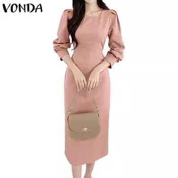 Женские плиссированные платья миди с квадратным вырезом и длинными рукавами VONDA