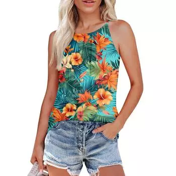 Женские плиссированные подтяжки с круглым вырезом и гавайским принтом XL циан