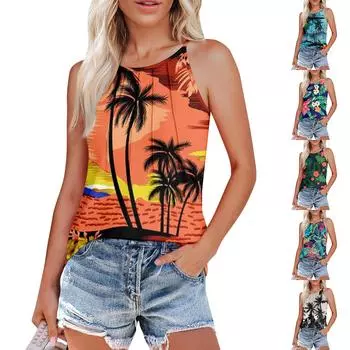 Женские плиссированные подтяжки с круглым вырезом и гавайским принтом S