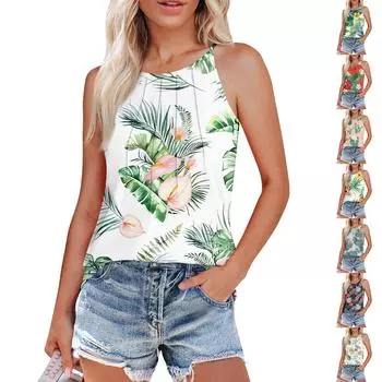 Женские плиссированные подтяжки с круглым вырезом и гавайским принтом XXL хаки