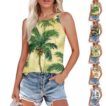 Женские плиссированные подтяжки с круглым вырезом и гавайским принтом XXXL бежевый