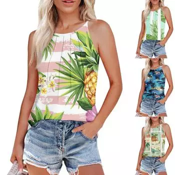 Женские плиссированные подтяжки с круглым вырезом и гавайским принтом XL