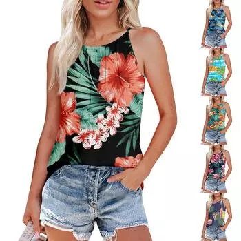 Женские плиссированные подтяжки с круглым вырезом и гавайским принтом XXL чёрный