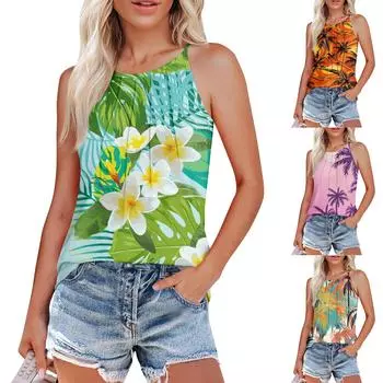 Женские плиссированные подтяжки с круглым вырезом и гавайским принтом XL шафрановый