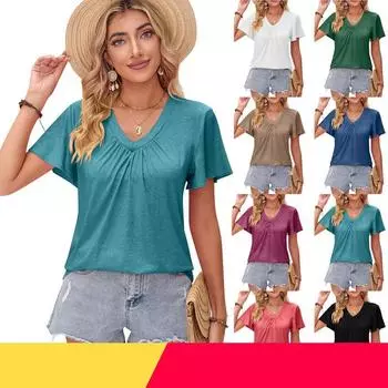 Женские плиссированные рубашки с v-образным вырезом и оборками, блузки с короткими рукавами, однотонные летние повседневные рубашки S чёрный