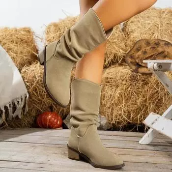 Женские плиссированные сапоги до середины икры, новые модные дизайнерские туфли, закругленные носки, сапоги до середины икры, сапоги на низком каблуке, женская обувь для женщин 36 хаки