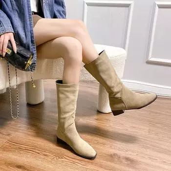 Женские плиссированные сапоги Min Calf Knight Boots Autmn New Fashion на толстом каблуке Western Cowboy Boots для женщин Flock Женская повседневная обувь 35 чёрный