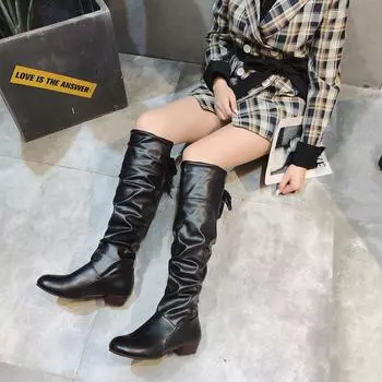 Женские плиссированные сапоги на низком каблуке с ремешком сзади - большой размер 43, европейский и американский стиль, коллекция осень/зима 35 красный