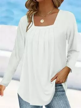 Женские плиссированные свободные повседневные футболки с квадратным вырезом и длинными рукавами, весенне-осенние женские однотонные футболки большого размера S-5XL S вино красного