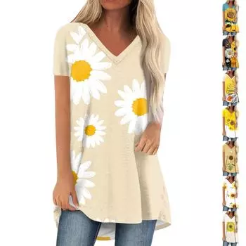 Женские плиссированные свободные топы с короткими рукавами Плюс размер Повседневные топы с V-образным вырезом и короткими рукавами Повседневные летние футболки Женские топы Футболки Рубашки L чёрный