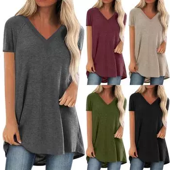 Женские плиссированные свободные топы с короткими рукавами Плюс размер Повседневные топы с V-образным вырезом и короткими рукавами Повседневные летние футболки Женские топы Футболки Рубашки L