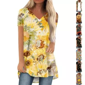 Женские плиссированные свободные топы с короткими рукавами Плюс размер Повседневные топы с V-образным вырезом и короткими рукавами Повседневные летние футболки Женские топы Футболки Рубашки L чёрный