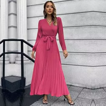 Женские плиссированные трапециевидные платья с V-образным вырезом и длинными рукавами, сплошной цвет на шнуровке с высокой талией, универсальные платья S-XXL S чёрный