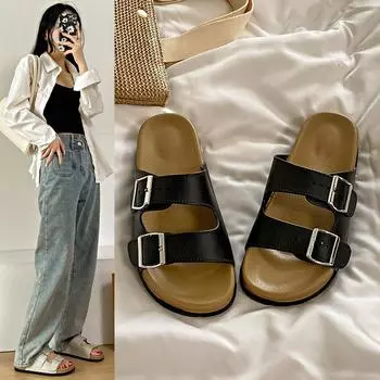 Женские плоские сандалии, шлепанцы, открытые тапочки, 2 ремешка, плоские сандалии с регулируемой пряжкой, черные шлепанцы для летнего отпуска 36-37